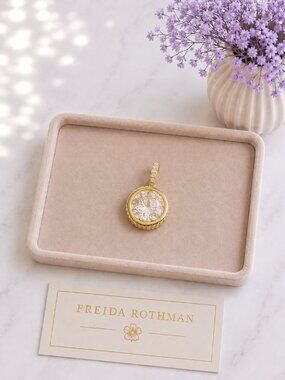 Freida Rothman Vault Brass Base Clear Crystal Necklace Pendant $99 MSRP